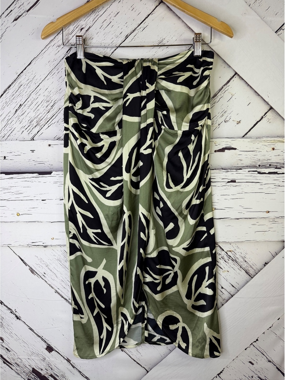 Zara Leaf Print Knotted Draped Pareo Slit Midi Skirt Resortwear Women Small